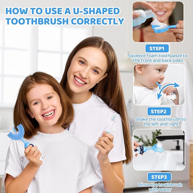 U-Shaped Toothbrush for Kids Ages 2-7， Soft Food-Grade Silicone for Sensitive Gums， 360° Teeth Cleaning Design，Training & Travel-Friendly Toddlers' Toothbrush (Blue)