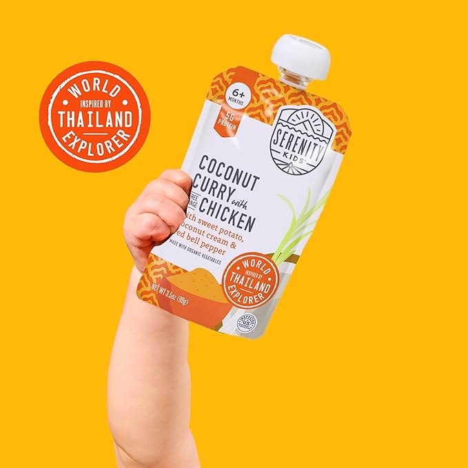 Serenity Kids 6+ Months Baby Food Pouches Chicken Coconut Curry Puree - Ethically Sourced Chicken & Non-GMO Veggies - BPA-Free for Baby Food Pouch - 3.5 Oz, 6 Pack