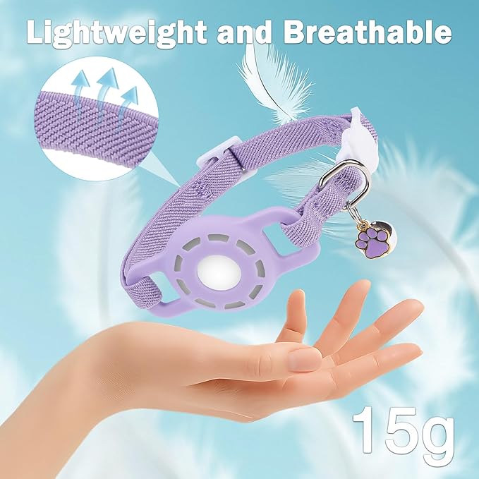 Airtag Cat Collar Breakaway, Stretchy Cat Tracker Collar with Apple Air Tag Holder for Boy Girl Cats, Elastic GPS Tracking Collars for Kittens and Puppies, Adjustable 9"-12" Purple