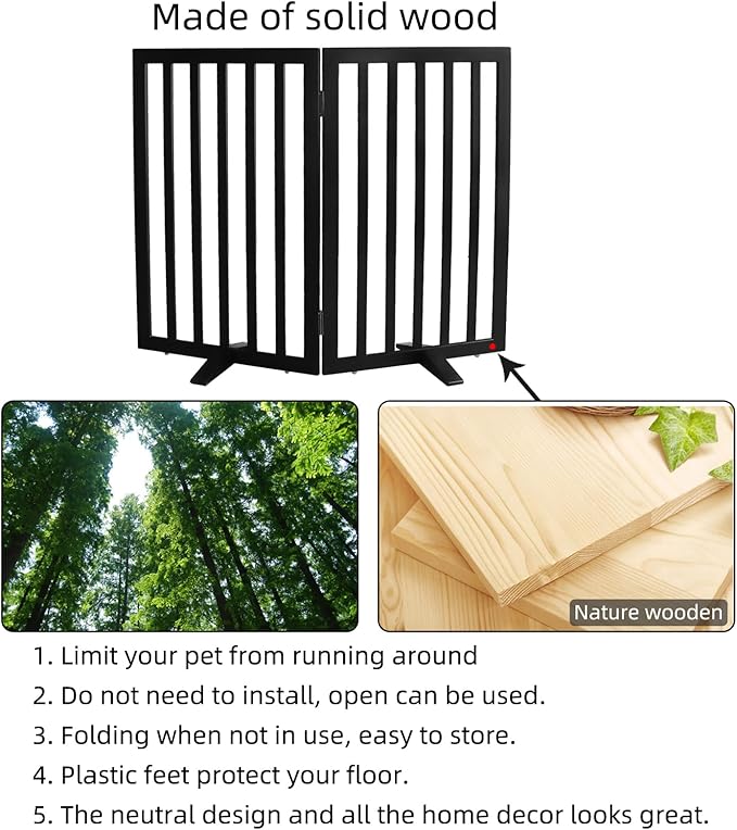 ZJSF Freestanding Indoor Dog Gate for House Foldable Wood Puppy Gate for Doorways Pet Gate for Stairs Extra Wide Pet Fence, Black, 32" Height 2 Panels