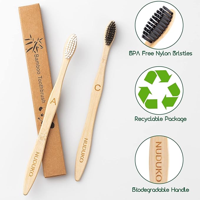 Biodegradable Bamboo Toothbrushes, 10 Piece BPA Free Soft Bristles Toothbrushes, Natural, Eco-Friendly, Green and Compostable