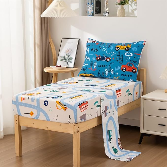 NTBED 4 Pieces Racing Car Toddler Bedding Set for Baby Boys, Hill Vehicles Transportation Printed, Includes Comforter, Flat Sheet, Fitted Sheet and Pillowcase,Blue