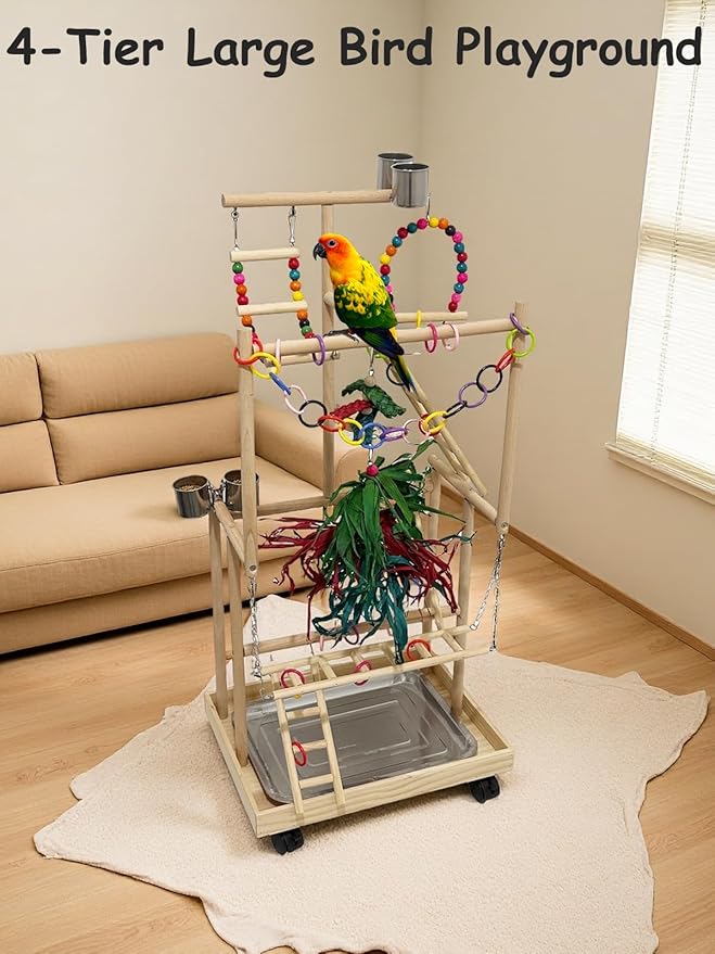 4-Tier Large Wooden Bird Playground with Wheels, Natural Wood Parrot Play Stand Birds Perch Stand Gym with Ladder Toy Accessories for Cockatiel Cockatoo Quaker