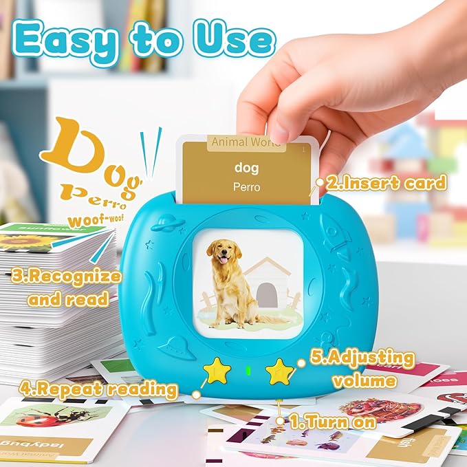 Toddlers Bilingual Spanish & English Talking Flash Cards with 288 Sight Words, Speech Therapy Toys for 3 4 5 6 Years Old Boys and Girls, Learning Educational Kids Gifts (Blue)