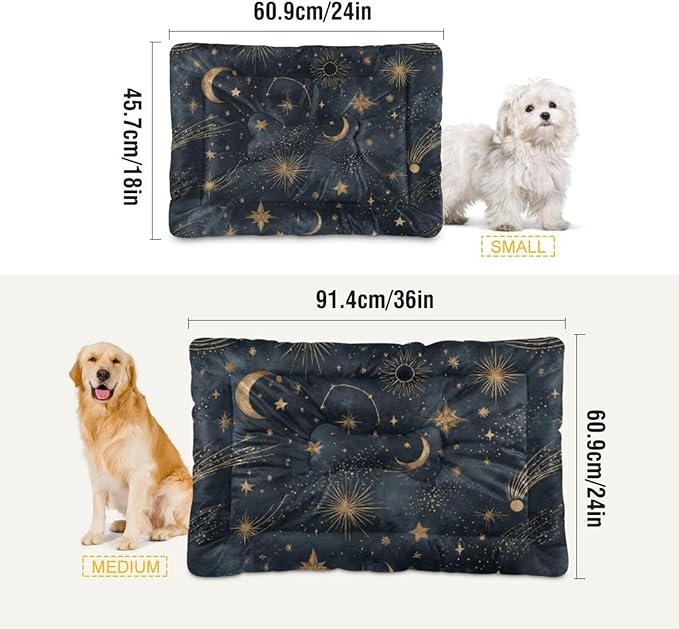 Moon Stars Dog Bed Mat Gold Black Starry Pet Kennel Beds Washable Cat Beds Crate Pad Pets Sleeping Mattress for Large Medium Small Dogs 36x24 Inch