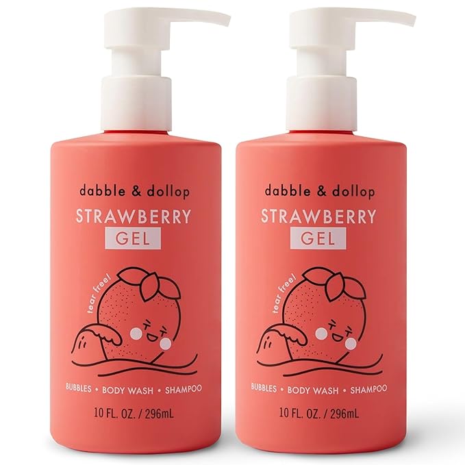 Dabble & Dollop Strawberry Body Wash & Shampoo – 3-in-1 Natural Bubble Bath for Kids, Made in USA, No Parabens or Sulfates, Vegan, Gluten-Free, Tear-Free (10oz, Pack of 2)