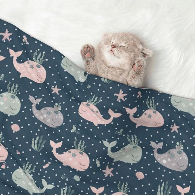 Pet Blanket for Travel and Home, Cute Whales Mandala Blue, Reversible Plush Dot Design with Soft Grip Texture on One Side Perfect for Car Seats Moving Vehicles