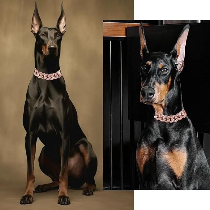 Cuban Link Dog Chain Collar Rose Gold Crystal Dog Necklace Metal with Design Secure Buckle Pet Collar Jewelry Accessories for Small Medium Large Dogs Cats(Rose Glod 18inch)