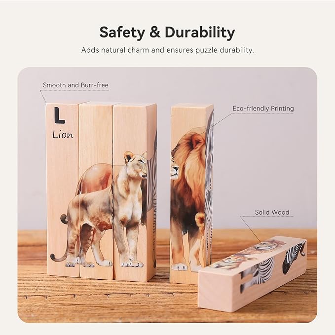 IEATFO 4 in 1 Wooden Animal Chunky Puzzle, 5 Solid Wood Puzzle Blocks with 4 Sides Realistic Safari Animals, Wooden Block Puzzle with Durable Base for Toddlers 3+ Years - Montessori Inspired