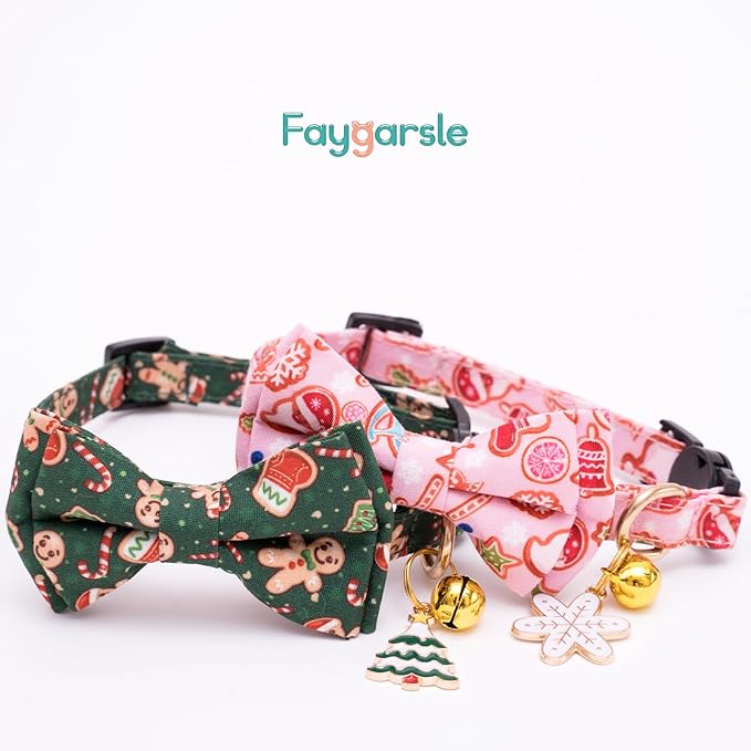 Faygarsle 2 Pack Christmas Cat Collars - Cute Holiday Collars with Bow Tie, Breakaway, Pink & Green, Winter, for Boy & Girl Cats