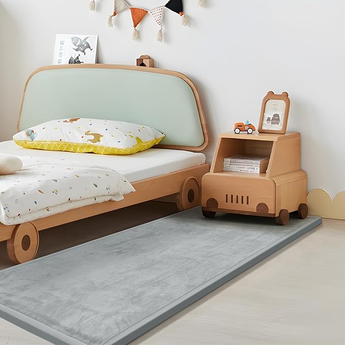 Play Mat for Babies Toddlers,1.3" Thick Elasti-Foam Anti-Fall Cushion Mat for kids Room,28×72 Bedroom Bedside Rugs,Water-Repellent Soft Coral Velvet,Non-Slip(Light Grey)
