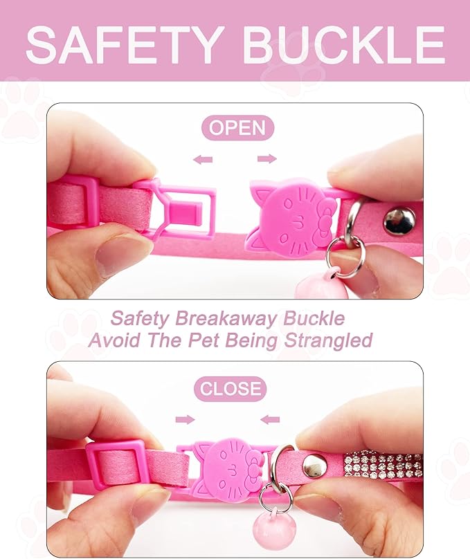 Solmoony Breakaway Cat Collars with Bell,Adjustable Safe Kitten Collar,Cat Collars for Girl Cats with Rhinestone Soft Velvet (Pink)