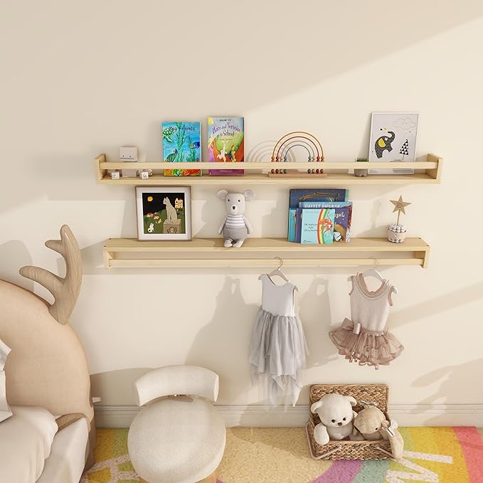 Fun Memories Nursery Book Shelves - Rustic Natural Solid Wood Floating Bookshelf for Kids - Wall Book Shelves for Kids Room (Natural, 48inch - 2P)