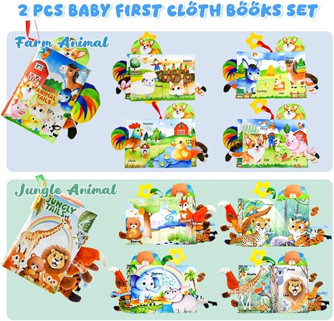 Kimicare 2 PCS Baby Books 0-6 Months, Crinkle Books for Babies, Jungle Tails Soft Cloth Book for Babies 6-12 Months, Infant Farms Sensory Book, Tummy Time Toys