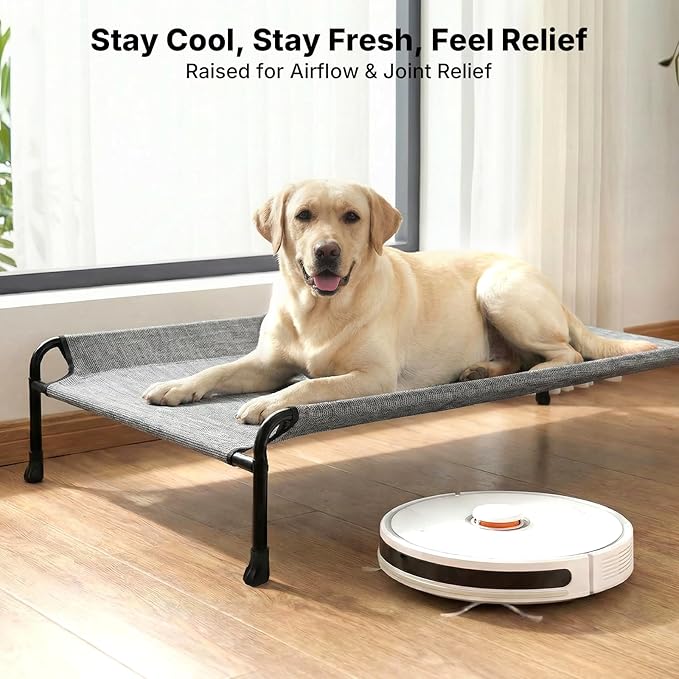 Veehoo Outdoor Dog Bed, Raised Dog Bed for Large Dogs, Elevated Dog Bed with Headrest, 47" Cooling Washable Pet Cot, Breathable Dog Hammock for Camping & Indoor, Non-Skid, Black Silver