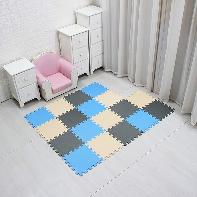 MQIAOHAM children puzzle mat play mat squares play mat tiles baby mats for floor puzzle mat soft play mats girl playmat carpet interlocking foam floor mats for baby blue beige grey 107110112
