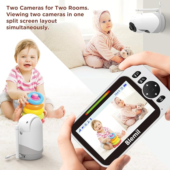 Baby Monitor with 30-Hour Battery, 5" Large Split-Screen Video Baby Monitor with Camera and Audio, 3500mAh Battery, Remote Pan/Tilt/Zoom Camera, Two-Way Talk, Night Vision, Lullabies, No WiFi