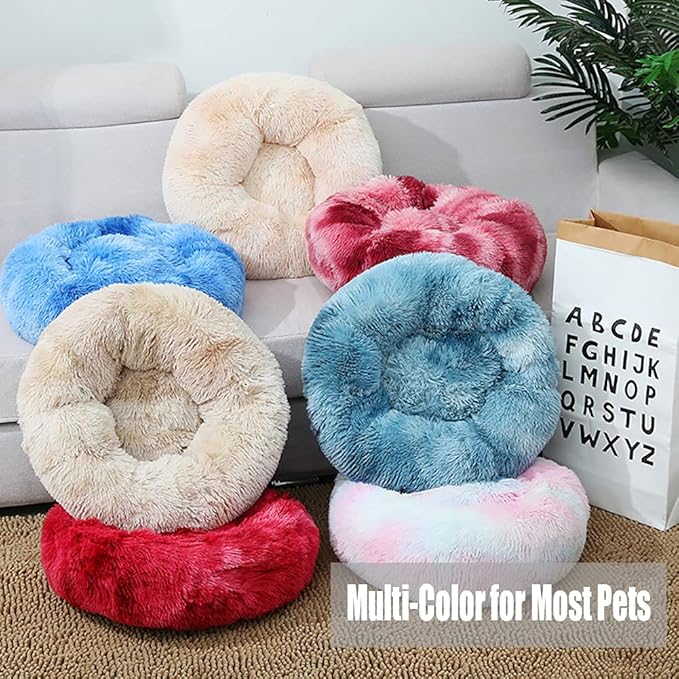 Calming Faux Fur Dog Beds Calming Donut Cuddler Dog Bed Washable Round Cat Bed Pillow Cuddler Fluffy Indoor Dog Calming Beds with Anti Slip Bottom Solid Color Coffee 23 Inch