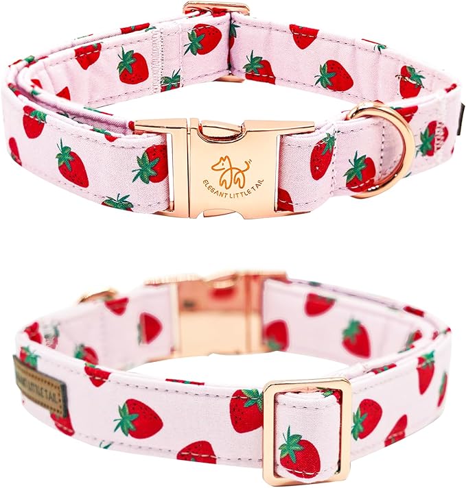 Elegant little tail Dog Collar, Strawberries Print Pet Collar Summer Dog Collar Durable Metal Buckle Dog Collars Cotton Pet Adjustable Dog Collars for Large Dogs