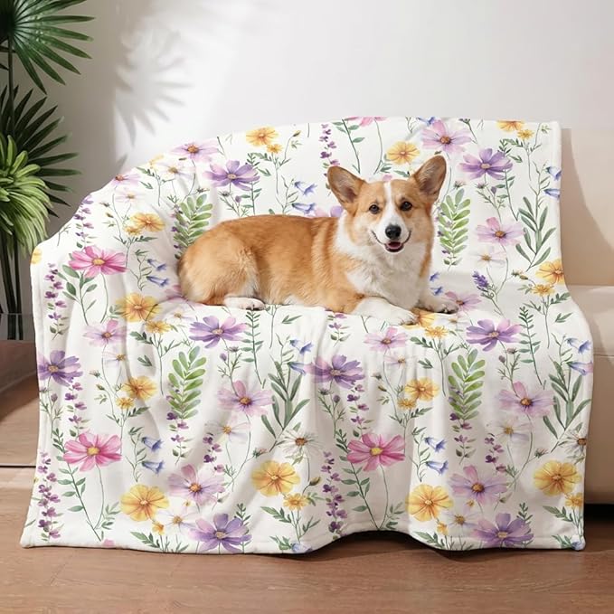 Horaldaily Pets Flannel Blanket, Spring Summer Watercolor Wildflowers Soft Fuzzy Fluffy Plush Cozy Fleece Premium Blankets for Dog Cat Puppy Kitten Couch Protection, 30x40
