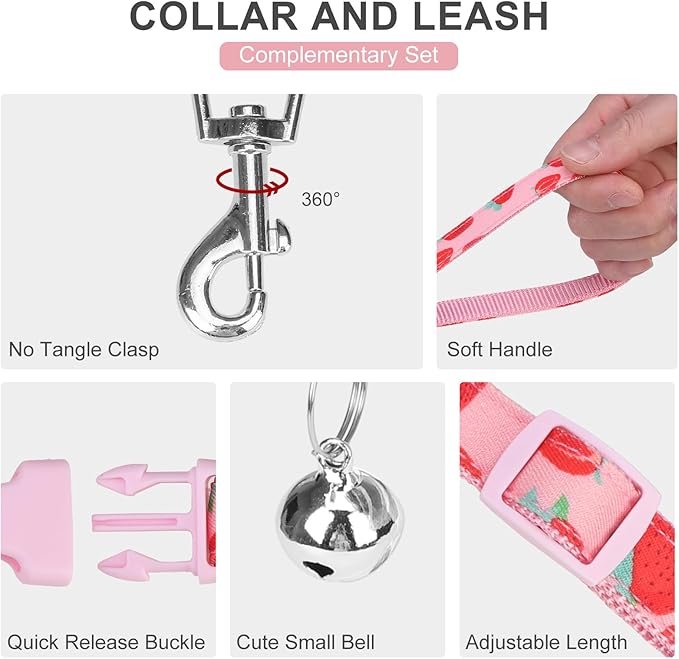 EXPAWLORER Small Dog Harness and Leash Set - Cute Puppy Harness Leash Dog Collar with AirTag Holder Silicone Case, Soft Padded Step in Pet Vest Reflective for Outdoor Walking, Strawberry S