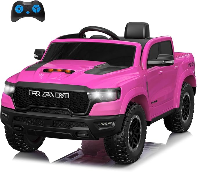 Licensed Ram 1500 Ride on Toys for Kids 4-8, Ride-on Electric Car for Kids with Remote Control, Battery Powered with Car Key/Gear Selector, LED Light/Music/MP3, Back Storage (Pink)