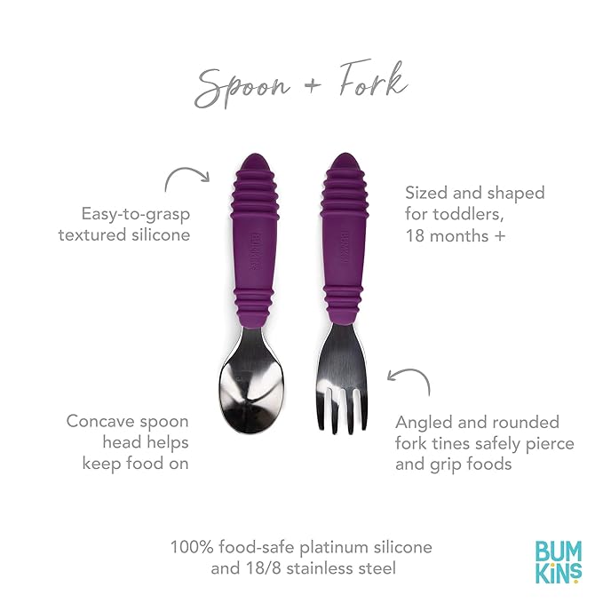 Bumkins Toddler Utensils, Kids Size Fork and Spoon Set, Silicone and Stainless-Steel Training Silverware, Angled Forks / Sporks for Self-Feeding, Children Hold Learning to Eat, 18 Months Up, Purple