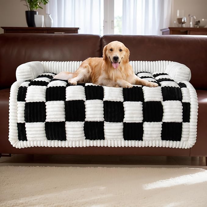 LiveGo Fuzzy Pet Couch Covers for Sofa, Dog Couch Cover Fuzzy Sofa Cover Cream Square Plaid Dog Bed Plush Dog Mat for Furniture Protector for Large Medium Dogs and Cats
