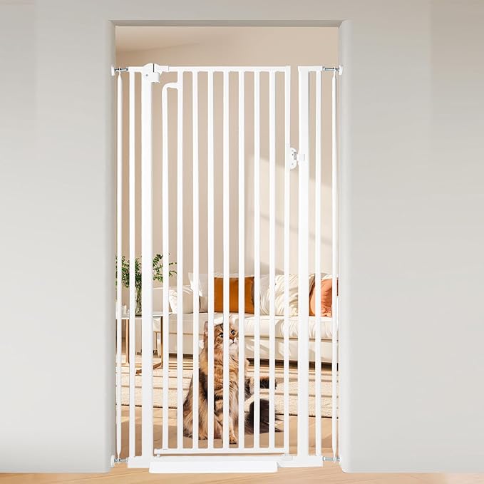 59“ Extra Tall Cat Gate for Doorway：29.4-33.4” Wide Pet Gate, Auto Close/One Handed Open, 1.34” Extra Small Gap, No Drill Pressure Mount Tall Cat Gate for Interior Stairs/Kitchens/Hallways (White)