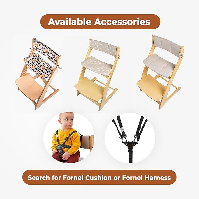 FORNEL Adjustable Wooden High Chair for Babies, Toddlers & Kids | The Grow-with-Me Chair from 6 Months to 200 lbs | Modern, Easy to Clean Dining Chair (Walnut)