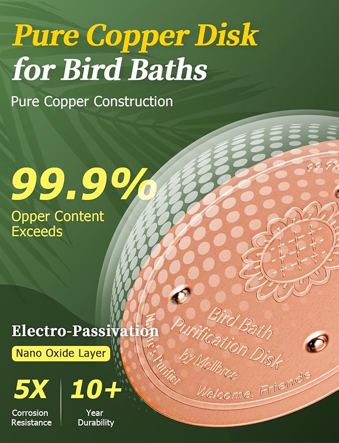 Mellbree 2-Pack Bird Bath Copper Disk, 0.6mm Reinforced 99.99% Pure Copper Cleaning Disk with Triple-Point Support for Physical Safe Clean Water, Universal Fit for Outdoor Birdbath, Bowl (Sunflower)