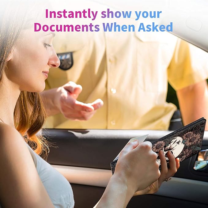 Car Registration and Insurance Holder,Leather Insurance License and Registration Card Holder for Car Glove Box, Auto Truck Document Holder Organizer for Men Women,Skull Flowers