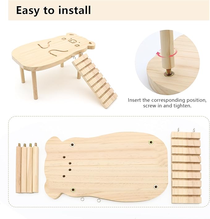 Hamster Wooden Platform with Legs Small Animal Climbing Ladder Standing Rat Guinea Perch Chew Toy Cage Accessories (Platform-Pig)