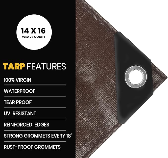 PROTARP Extra Heavy Duty 16 Mil Tarp Cover, Waterproof, UV Resistant, Rip and Tear Proof, Poly Tarpaulin with Reinforced Edges for Roof, Camping, Patio, Pool, Boat. (Brown/Black 16′ X 20′)