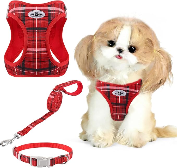 Gyuzh Small Cat Harness and Leash Set for Puppy & Kitten - 3-in-1 No Pull Step in Vest Collar, Lightweight Reflective Plaid, Padded Handle (Red, XS)