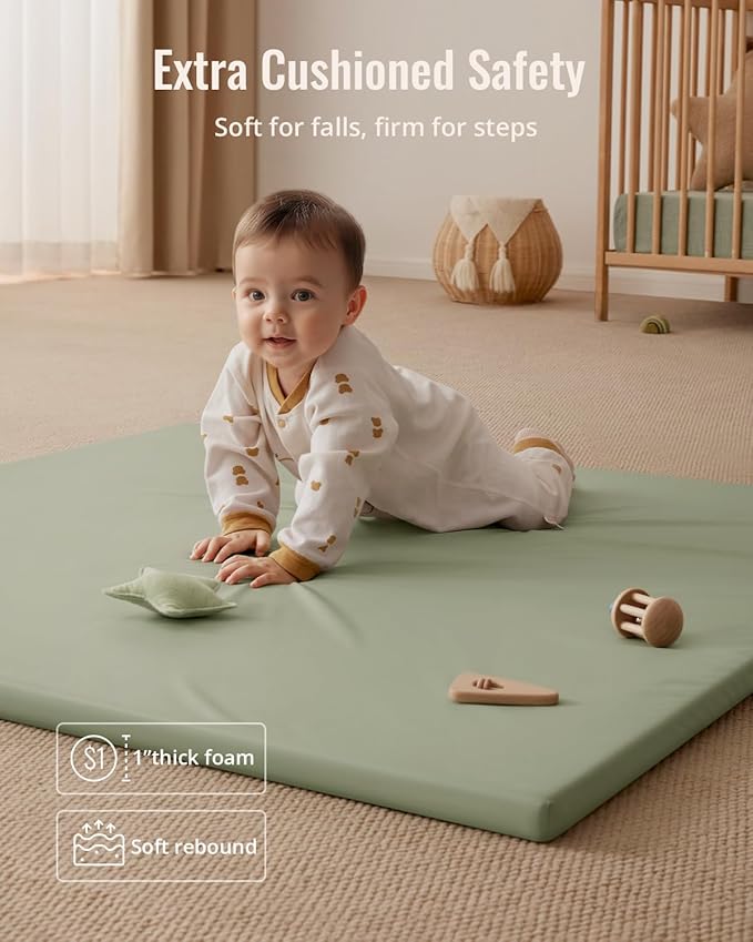 Blissful Diary Vegan Leather Baby Play Mat, 47x47 Thicken Foam Cushioned & Waterproof Playpen Mat for Infants and Toddlers, Stylish and Just Wipe-Clean Playmat for Baby Play on Floor, Light Green