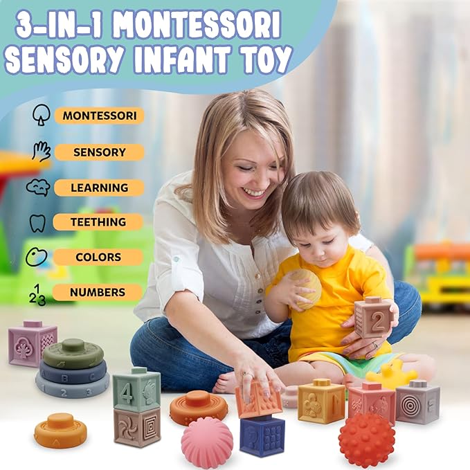 Montessori Toys for Babies 6-12 Months, Soft Baby Blocks Toys Set, 3 in 1 Infant Stacking Building Blocks, Teething Toys Sensory Balls Educational Learning Toys for Toddlers 3-6-9-11 Months Boys Girls