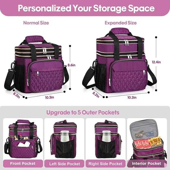GLENKEY Expandable Insulated Lunch Box, Double Deck Lightweight Large Lunch Bag Tote Leakproof Cooler Bags for Women Adults Work Outdoor Picnic Daytrip, Purple,16L