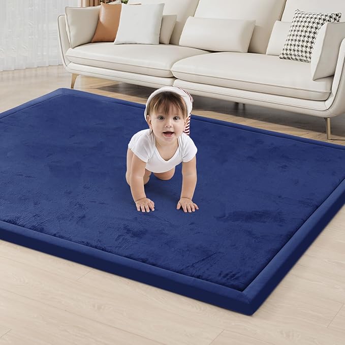 ACOMOPACK Baby Play Mat for Floor 1.3" Thick Memory Foam Play Mat 79"×157 Tummy Time Crawling with Non-Slip Bottom for Living Room,Nursery,Soft Velvet Playpen Mats for Kids,Infants（Royal Blue）