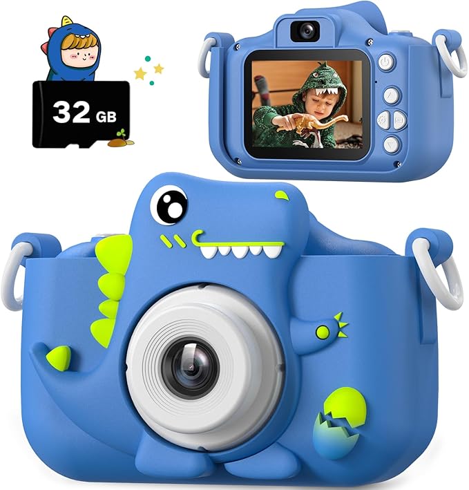 Upgrade Dinosaur Kids Camera, Christmas Birthday Gifts for Girls Boys 3-12, 1080P HD Selfie Digital Video Camera for Toddlers, Cute Portable Little Girls Boys Gifts Toys for 3 4 5 6 7 8 9 Years Old