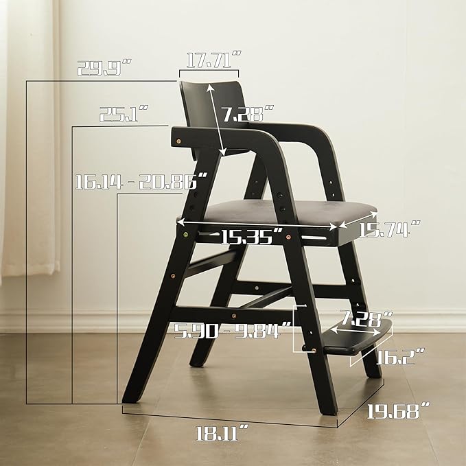 Solid Wood high Chairs for Toddlers,High Chair Grows with Kid for Dining, Study Chair for Children, Black
