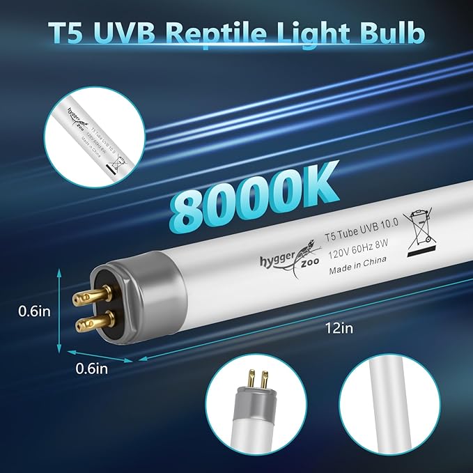 T5 UVB Reptile Light 8W 10.0 + UVA Light Bulb for Reptiles, 3-Pack Lamp Tube for Bearded Dragon, Desert-Grade Reptile UVB lamp Fixture