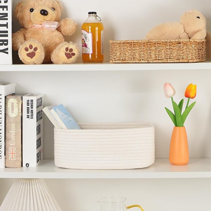 Small Storage Baskets for Organizing | Closet Organizer Bins | Shelf Toy Basket | Woven Rope Baskets | Cube Decorative Box | Shallow Basket | 11.5x7.5x4.7” | 4 Packs Off White