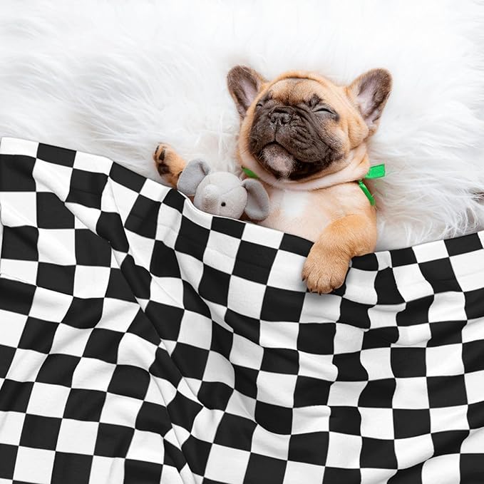 Two Sided Plush Pet Blanket for Crates Carriers Home Use, Black and White Checkered, Reversible Throw with Cozy Dot Fabric and Silky Reverse for Small Large Pets