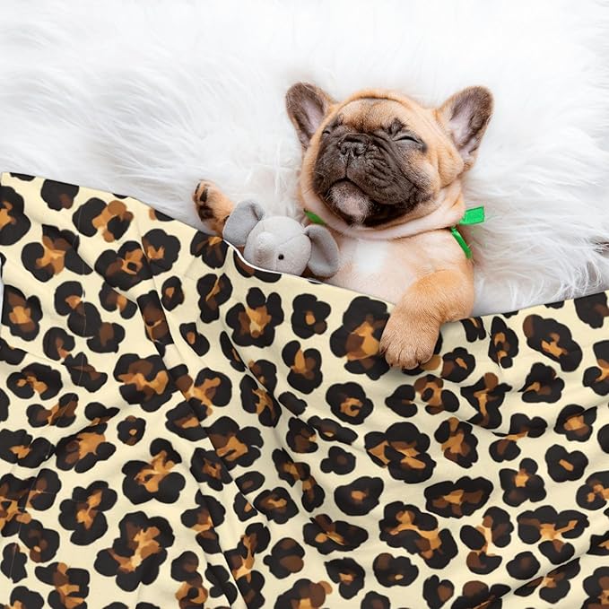 Two Sided Plush Pet Blanket for Crates Carriers Home Use, Leopard Prints Printed, Reversible Throw with Cozy Dot Fabric and Silky Reverse for Small Large Pets