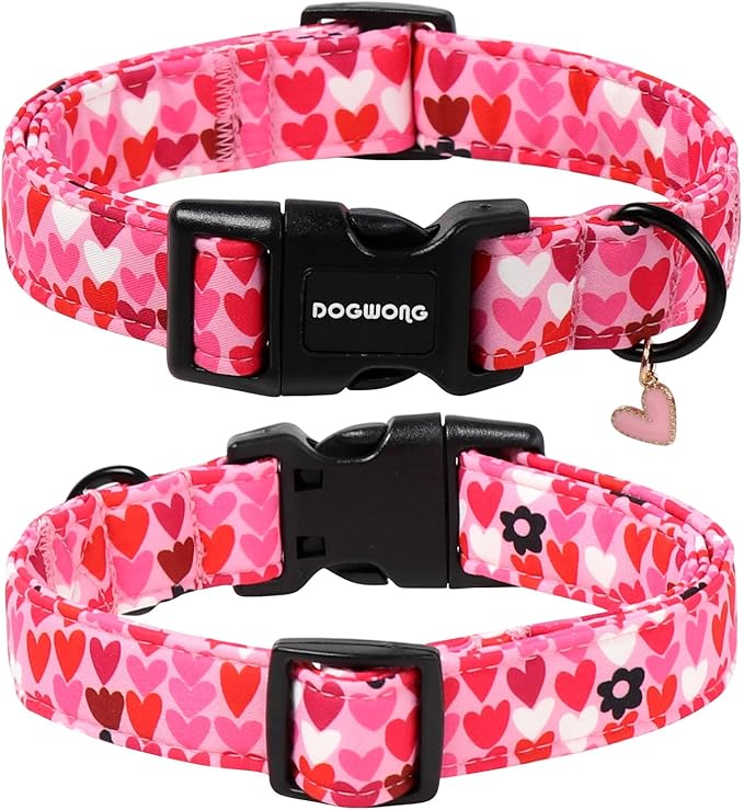 DOGWONG Valentine Dog Collar, Pink Heart Dog Collar, Girl Female Dog Collars with Strong Plastic Buckle for Medium Large Dogs,L
