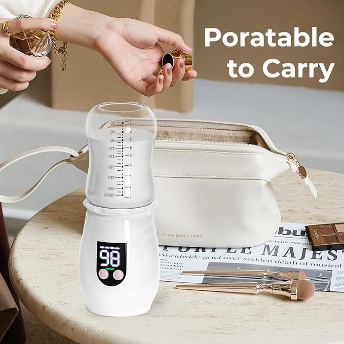 Portable Cordless Baby Bottle Warmer for Travel, Rechargeable with 8 Adapters & 1 Milk Powder Container, Safe Material, Fast Heating, Compatible with Major Brands,White