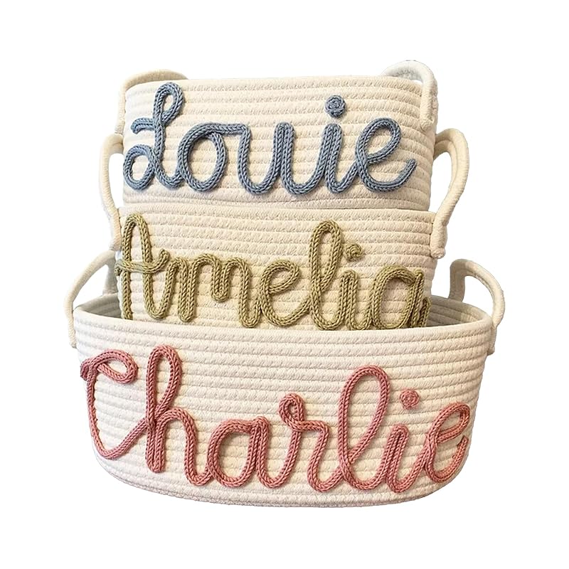 Personalized Baby Name Basket, Custom Woven Baby Shower Gift Basket with Cotton Rope Handle Baby Diaper Nursery Shelf Storage Basket Bin for Kids' Bedroom (Style 1)