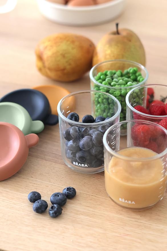BEABA 4 Pack Glass Baby Food Jars with Soft Silicone Air Tight Lids, 8 oz Glass Storage Containers with Lids, Microwave and Freezer Safe Containers, Sunrise