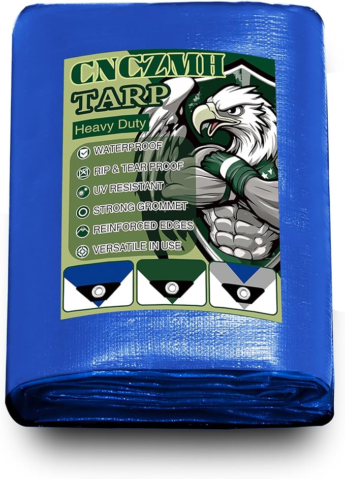 Tarp Heavy Duty Waterproof 12x20 Feet, 10 Mil Thick Blue Poly Tarps Outdoor, Metal Grommets, Reinforced Edges, Multipurpose Tarpaulin Protective Cover for Camping, Boat, Swimming Pools, Car